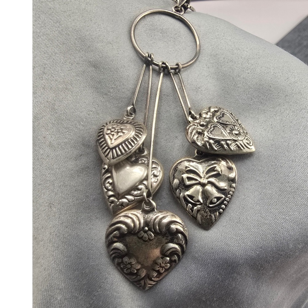 Vintage Estate Heart Charm Necklace Sterling Silver Chatelaine